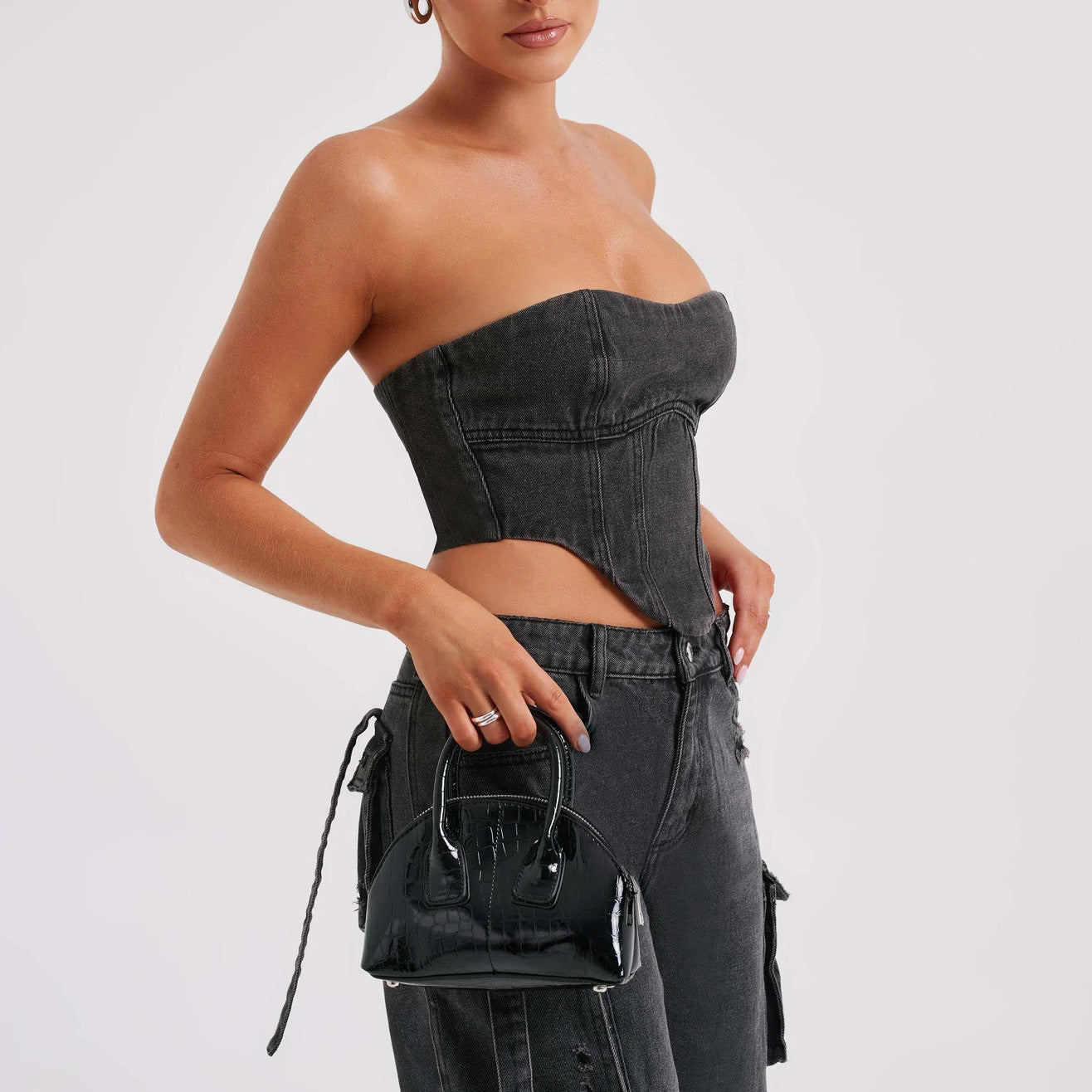 Women's Low Waist Three-Dimensional Tube Top Jeans with Pocket Stitching