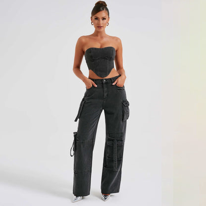 Women's Low Waist Three-Dimensional Tube Top Jeans with Pocket Stitching