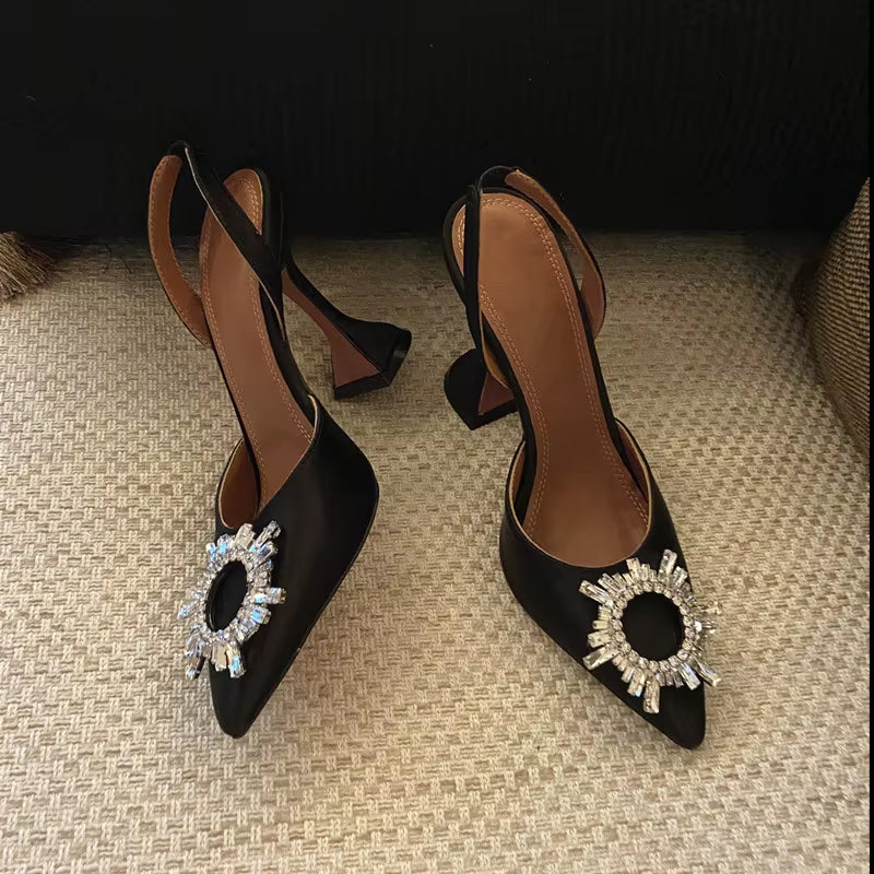 2025 Luxury Crystal Slingback High Heels for Women - Comfortable Triangle Heeled Pumps for Summer Weddings and Parties