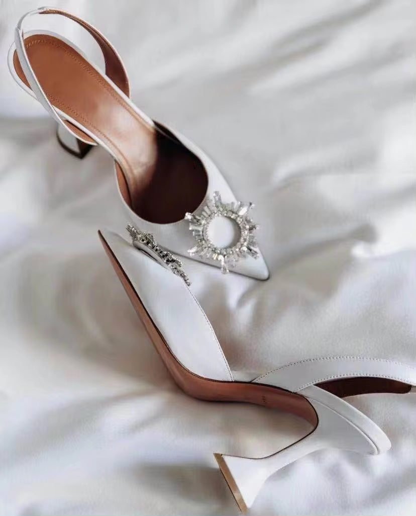 2025 Luxury Crystal Slingback High Heels for Women - Comfortable Triangle Heeled Pumps for Summer Weddings and Parties