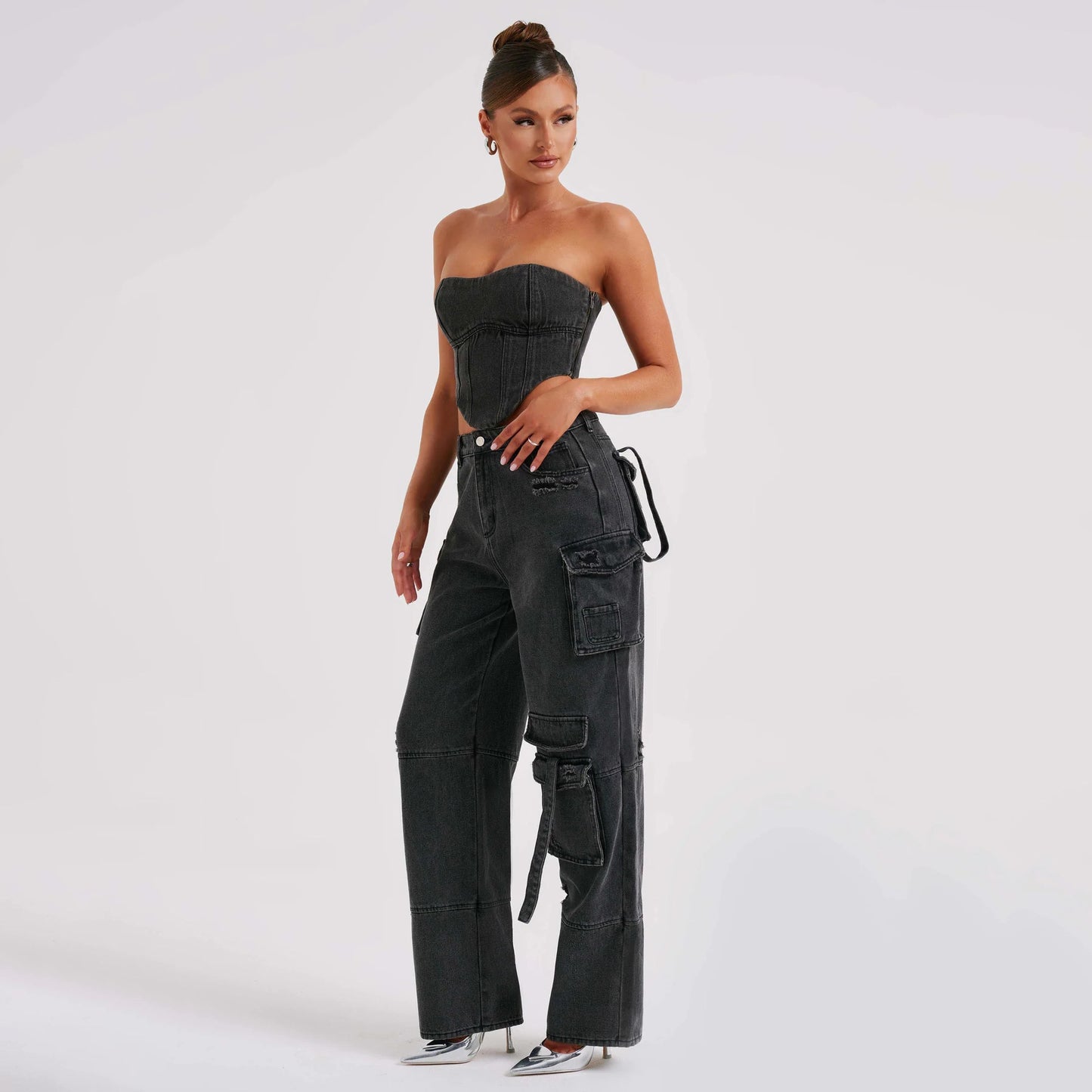Women's Low Waist Three-Dimensional Tube Top Jeans with Pocket Stitching