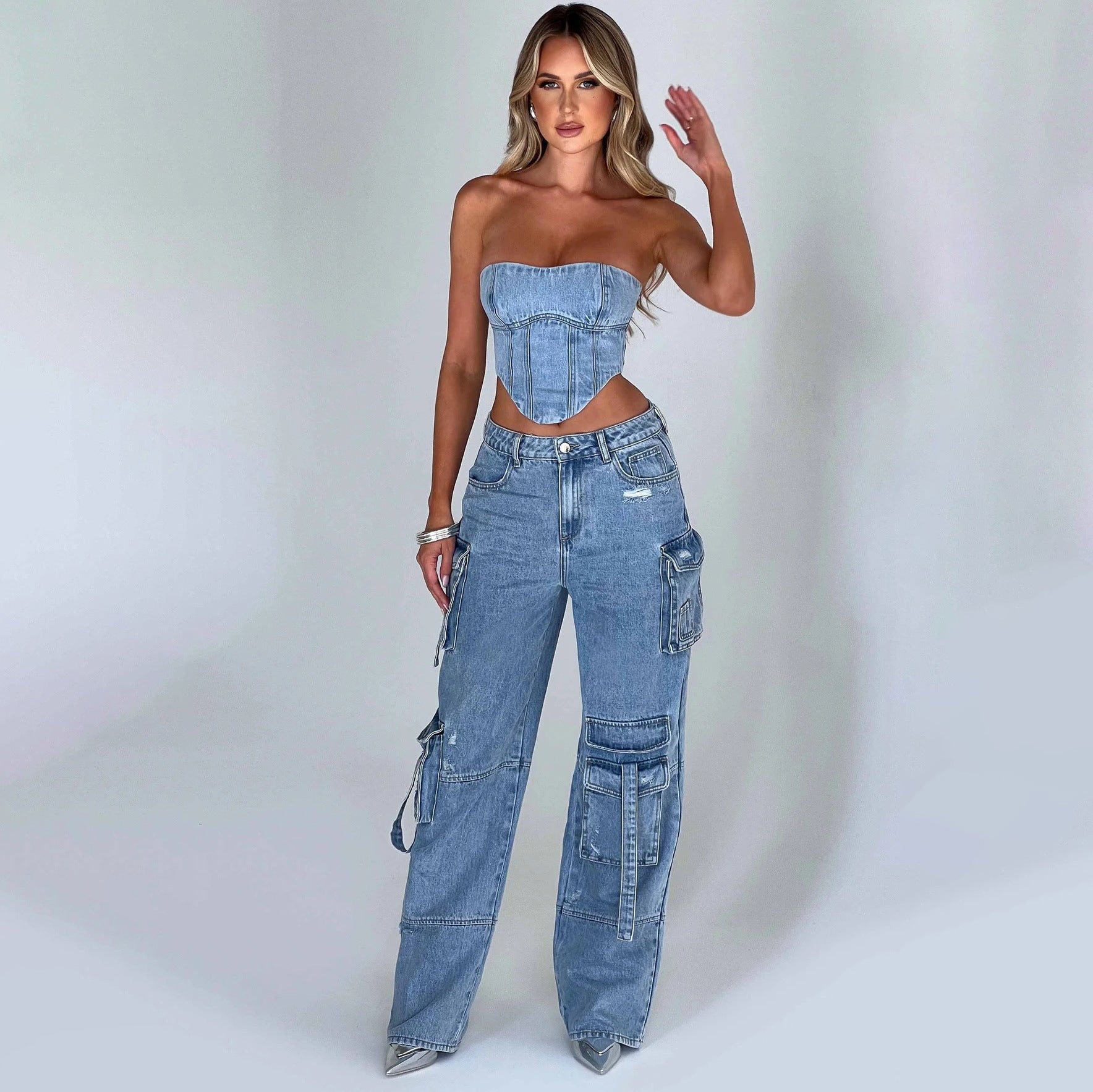 Women's Low Waist Three-Dimensional Tube Top Jeans with Pocket Stitching