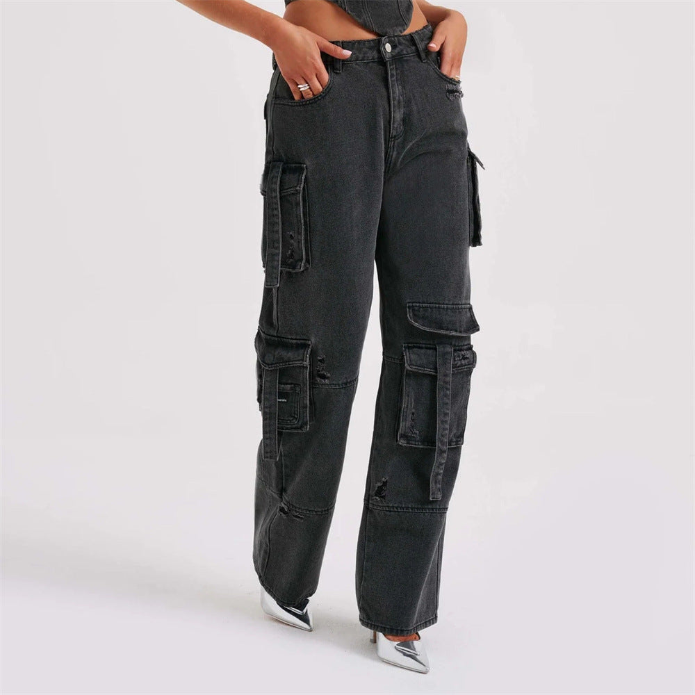Women's Low Waist Three-Dimensional Tube Top Jeans with Pocket Stitching